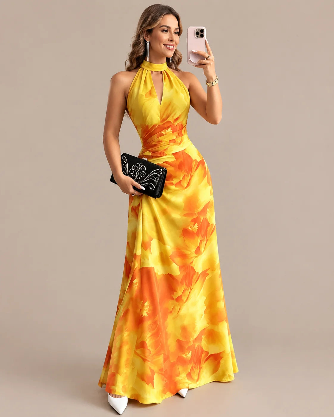 Keyhole Halter Open Back Watercolor Print Maxi Dress | Oyese