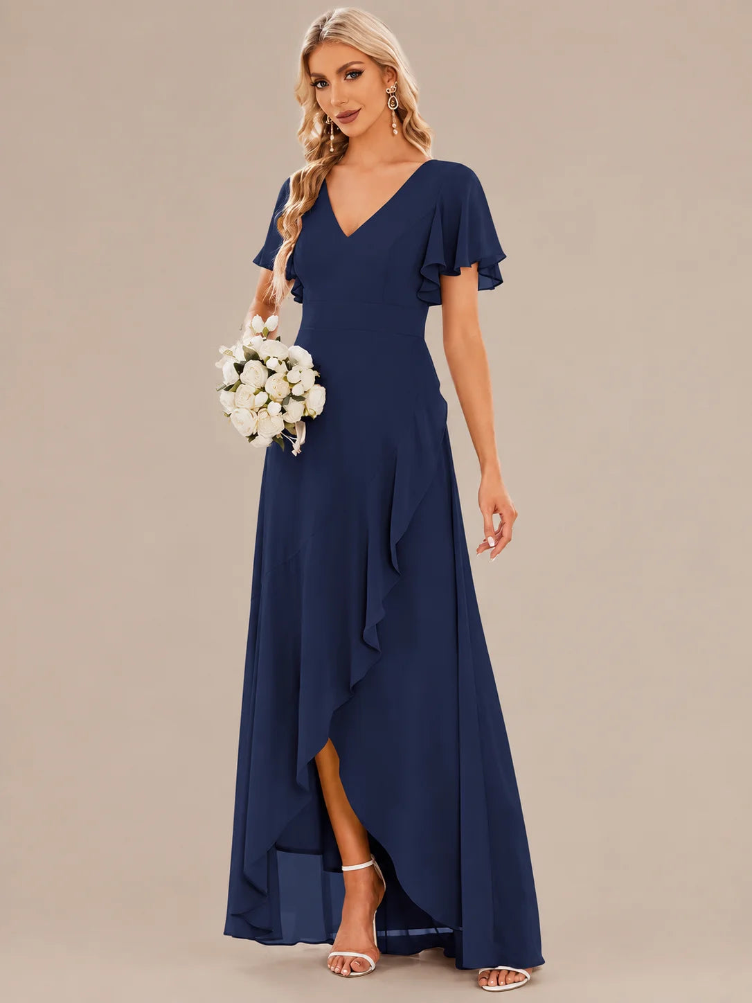 Double V-Neck Flutter Sleeve Flowy Slit Maxi Gown | Oyese