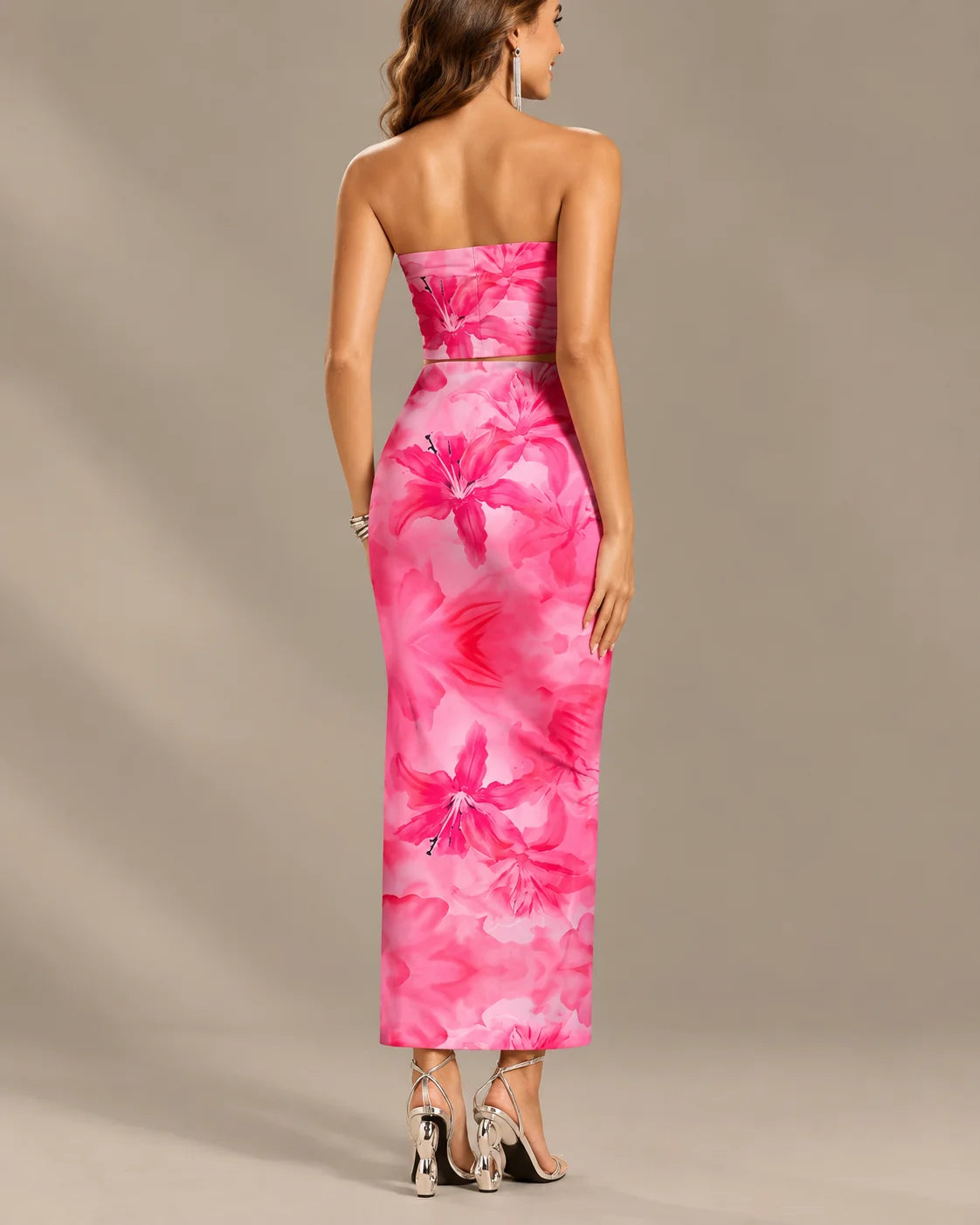 Watercolor Floral Strapless Top and Maxi Skirt Two Piece Set | Oyese