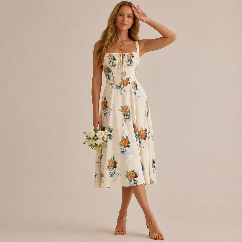 Square Neck Tie Front A-Line Midi Dress – Floral & Solid Summer Dress | Oyese
