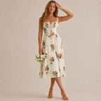 Square Neck Tie Front A-Line Midi Dress – Floral & Solid Summer Dress | Oyese