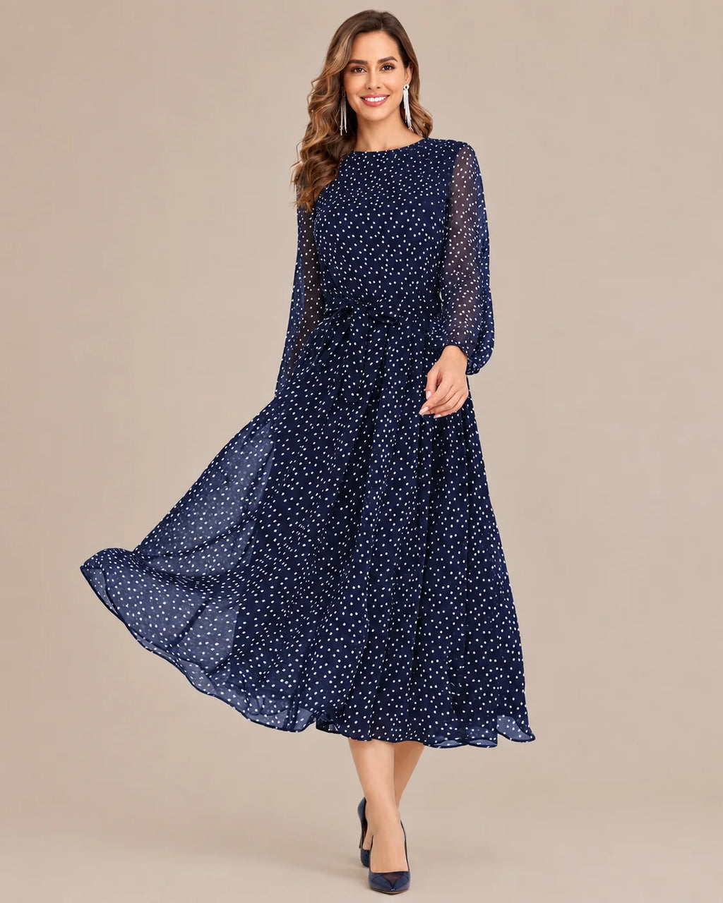 Sheer Long Sleeve Polka Dot Swing Midi Dress | Oyese