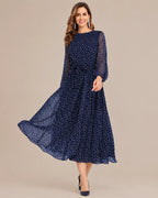 Sheer Long Sleeve Polka Dot Swing Midi Dress | Oyese