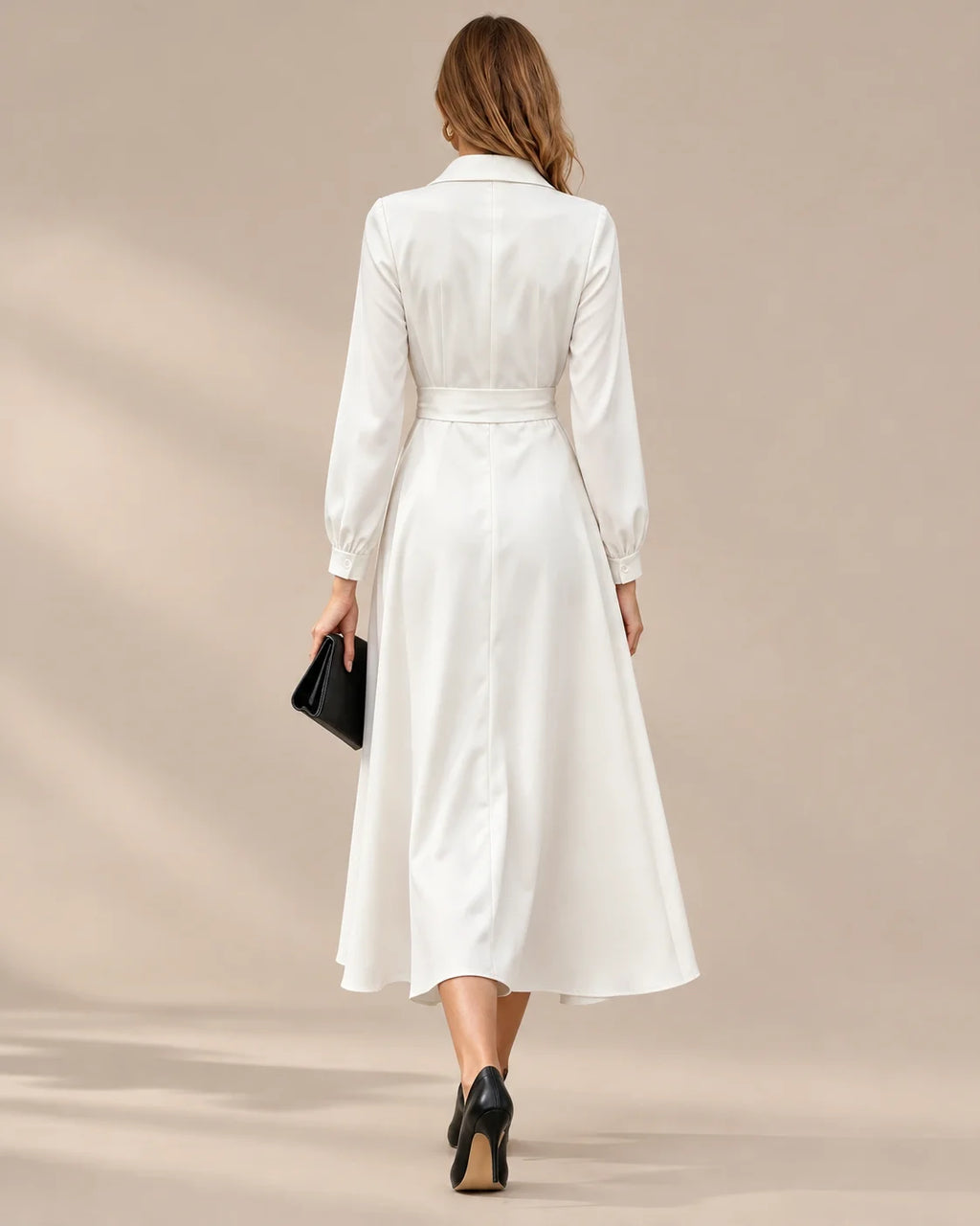 Shawl Collar Wrap Front Long Sleeve Flared Midi Dress | Oyese