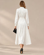 Shawl Collar Wrap Front Long Sleeve Flared Midi Dress | Oyese