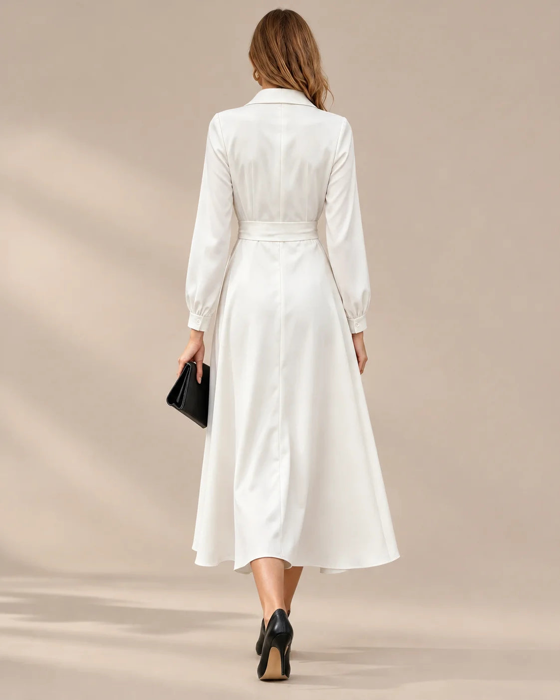 Shawl Collar Wrap Front Long Sleeve Flared Midi Dress | Oyese