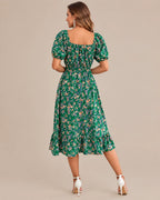 Off-Shoulder Floral Puff Sleeve Ruffle A-Line Dress | Oyese