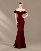Off-Shoulder Ruffle Sleeve Beaded Mermaid Evening Gown | Oyese