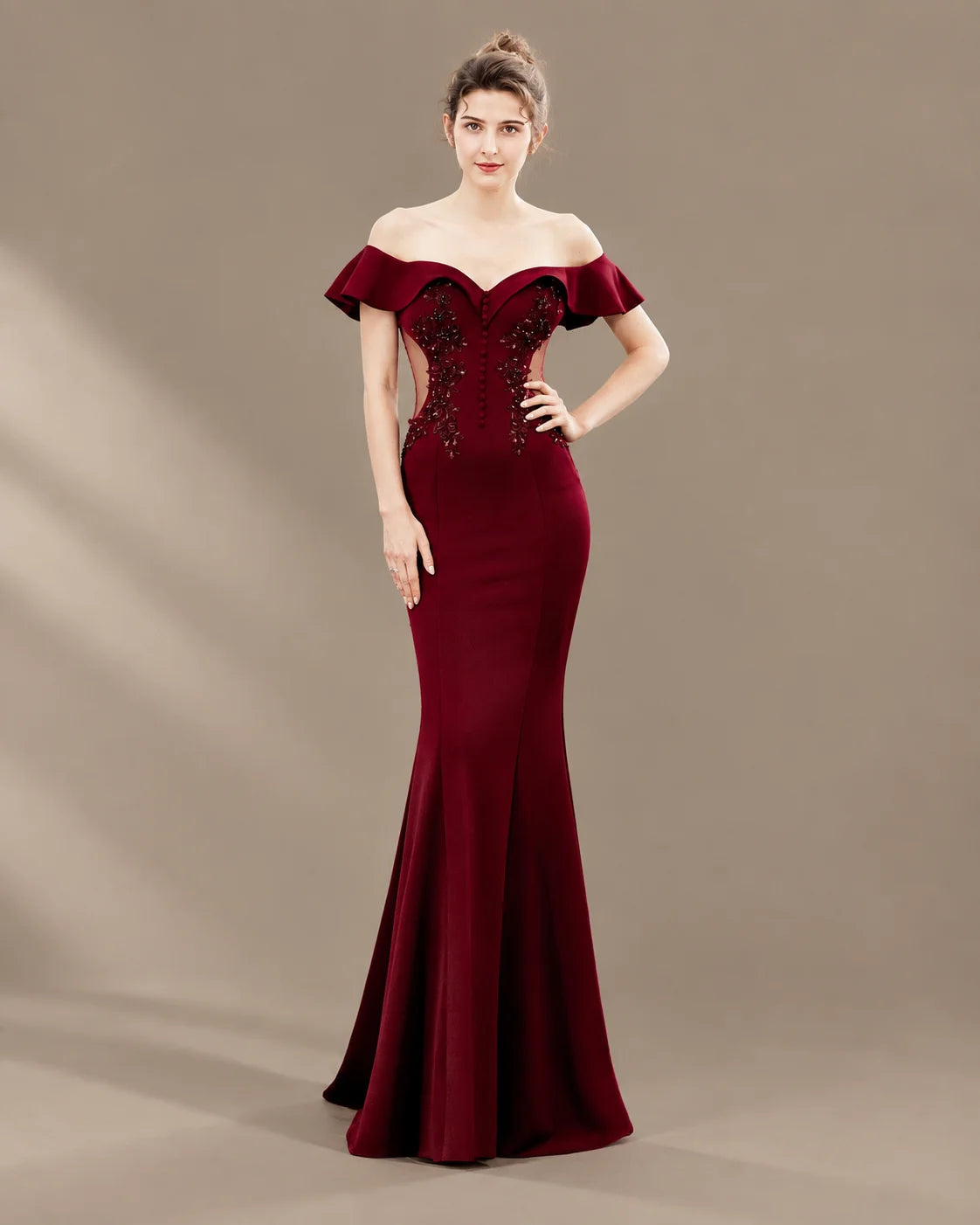 Off-Shoulder Ruffle Sleeve Beaded Mermaid Evening Gown | Oyese