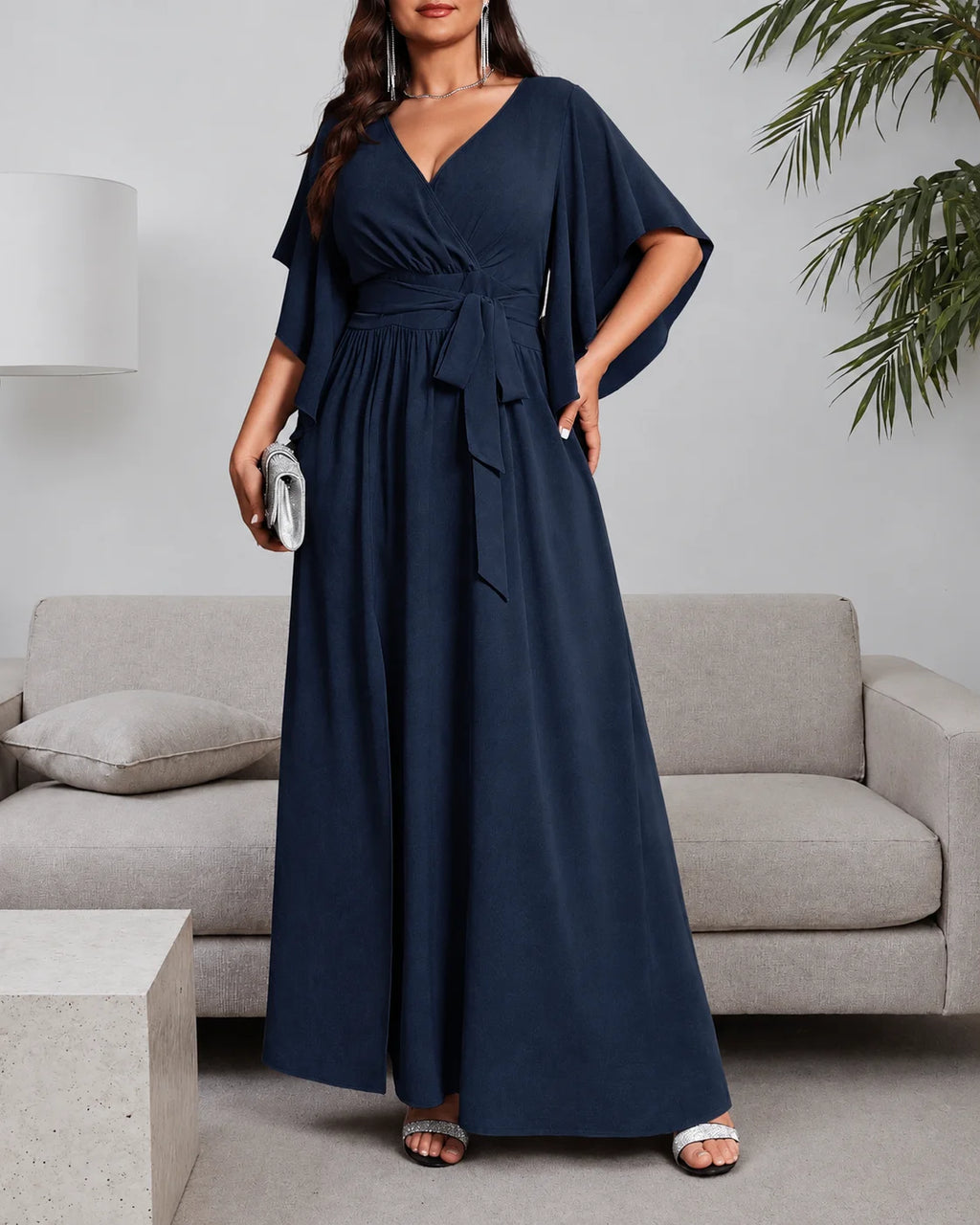 Plus Size Wrap V-Neck Flutter Sleeve Slit Maxi Dress | Oyese