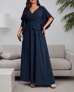 Plus Size Wrap V-Neck Flutter Sleeve Slit Maxi Dress | Oyese