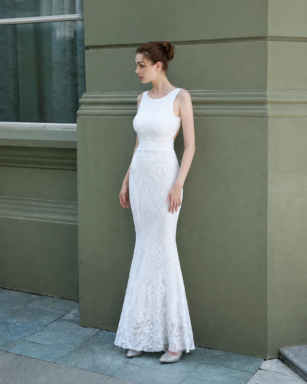 Art Deco Sequin Mermaid Evening Gown - Round Neck | Oyese