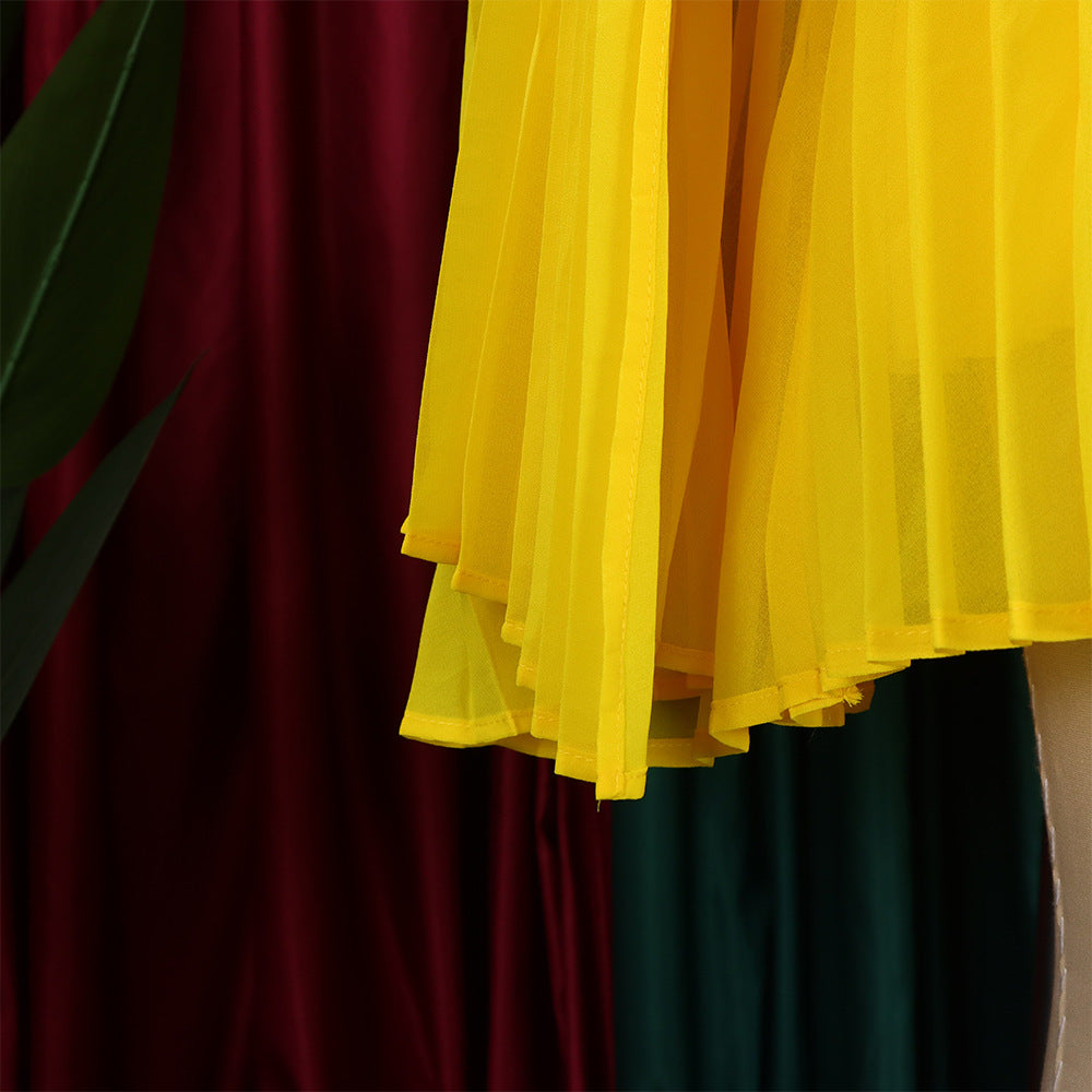 Mock Neck Pleated Chiffon Cape Shift Dress | Oyese