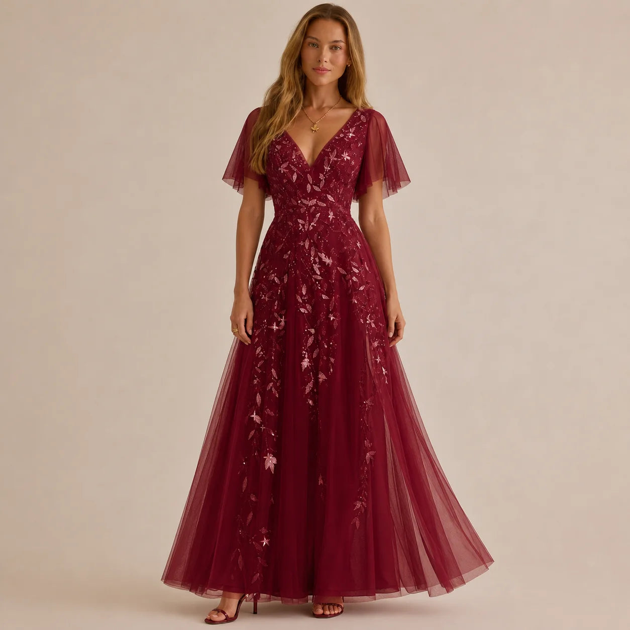 Deep V-Neck Sequin Tulle A-Line Gown – Flutter Sleeve Formal Evening Dress | Oyese