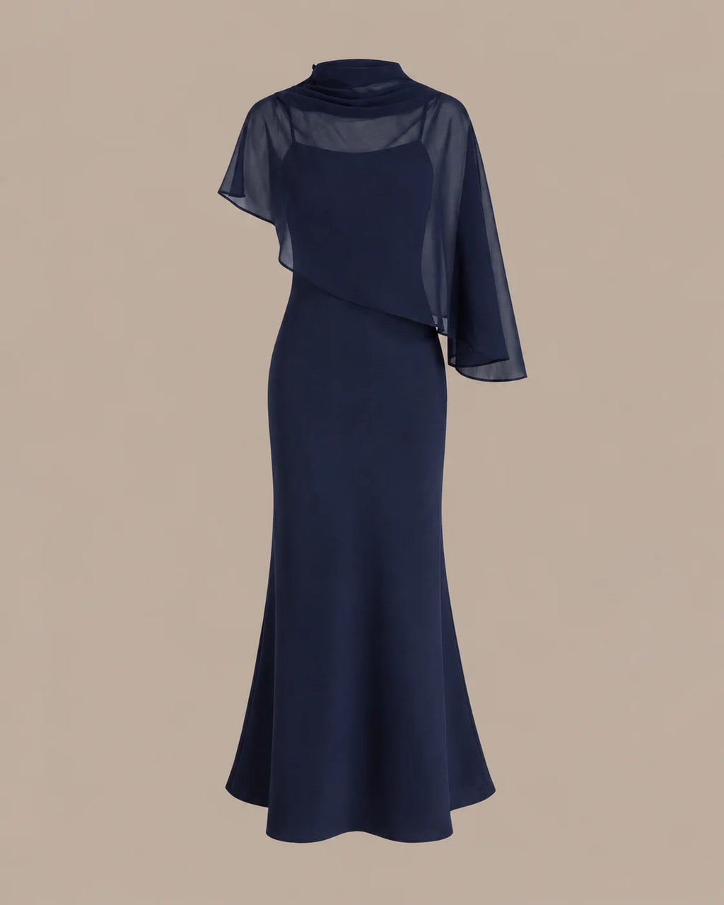 Chiffon Cape Mock Neck Satin Midi Dress – Elegant Cocktail Wedding Guest Dress | Oyese