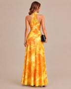Keyhole Halter Open Back Watercolor Print Maxi Dress | Oyese