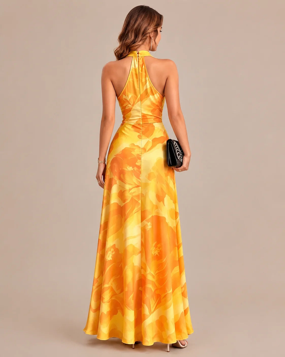 Keyhole Halter Open Back Watercolor Print Maxi Dress | Oyese