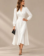 Shawl Collar Wrap Front Long Sleeve Flared Midi Dress | Oyese