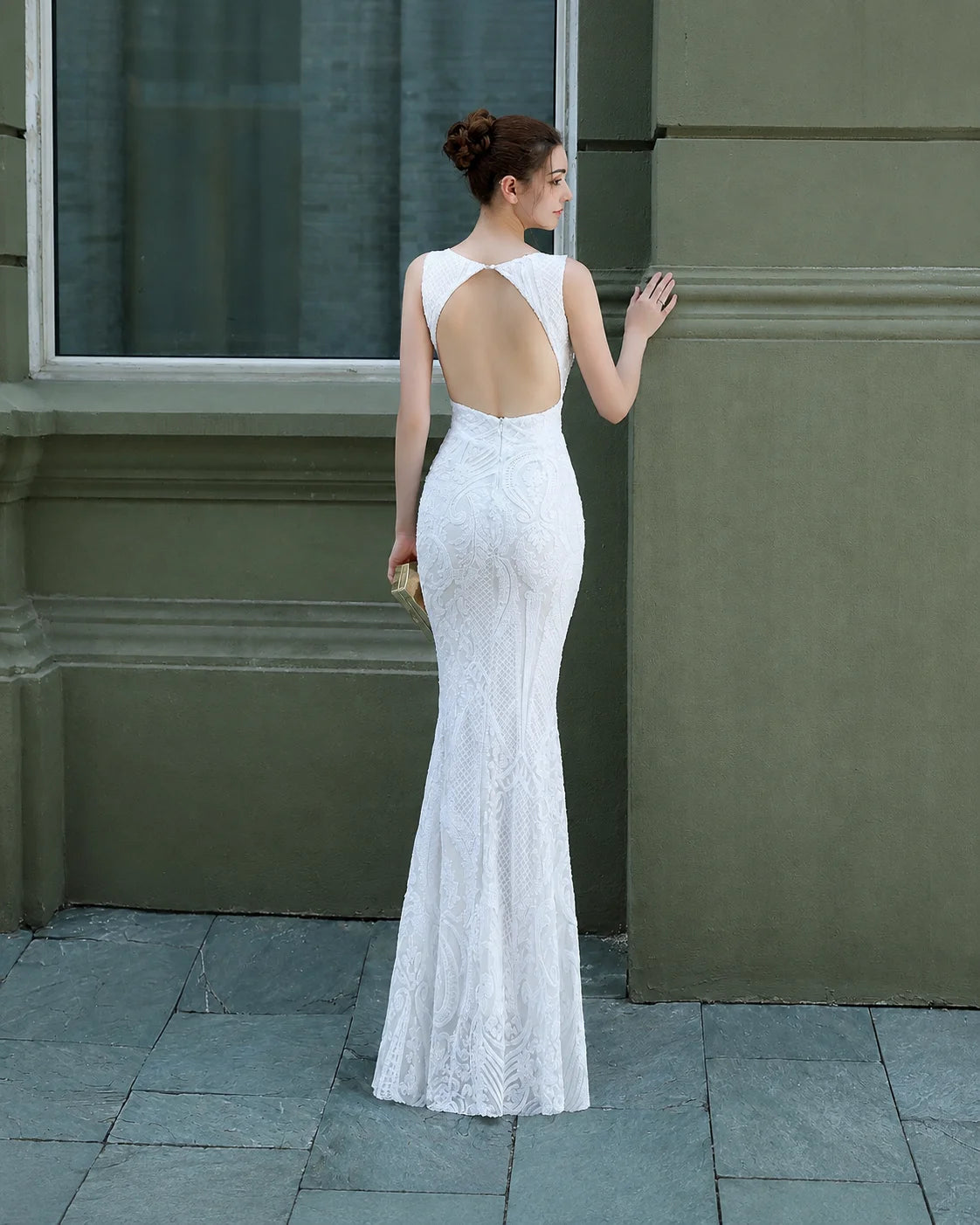 Art Deco Sequin Mermaid Evening Gown - Round Neck | Oyese