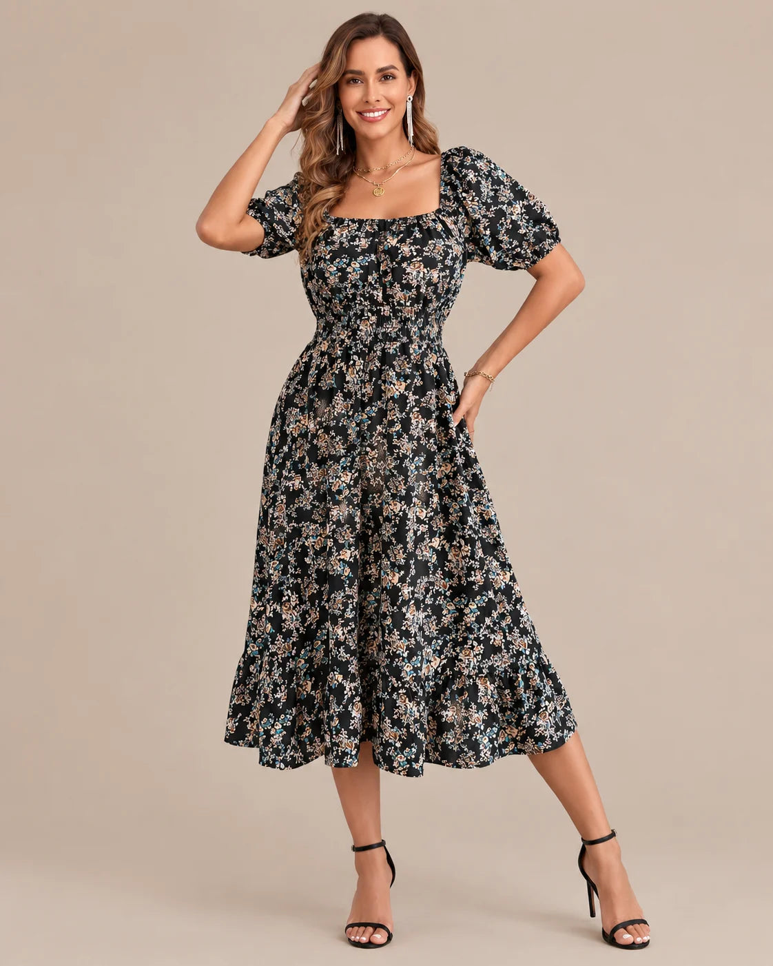 Off-Shoulder Floral Puff Sleeve Ruffle A-Line Dress | Oyese