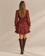 Ruffle Trim V-Neck Ditsy Floral Long Sleeve High-Low Mini Dress | Oyese