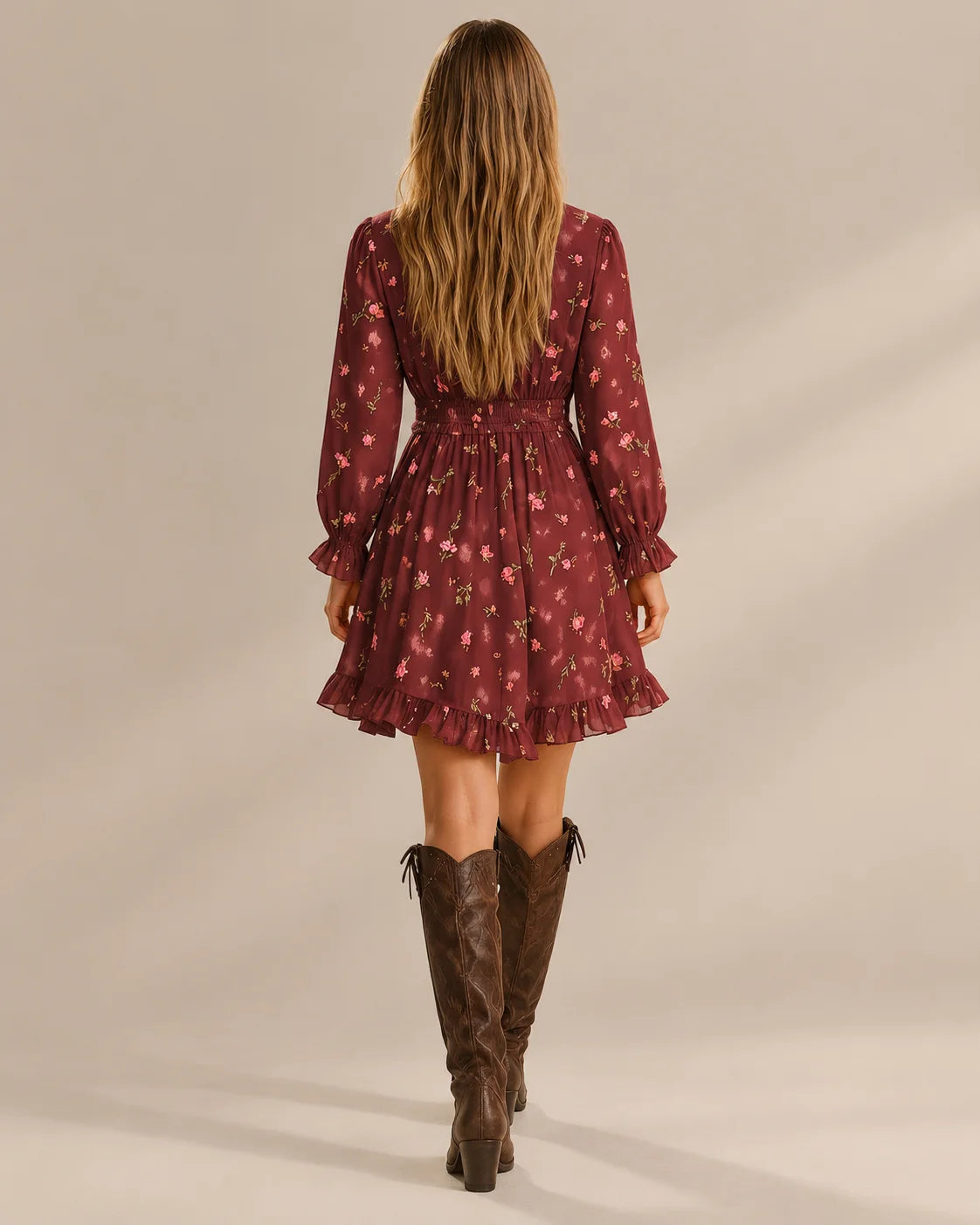 Ruffle Trim V-Neck Ditsy Floral Long Sleeve High-Low Mini Dress | Oyese