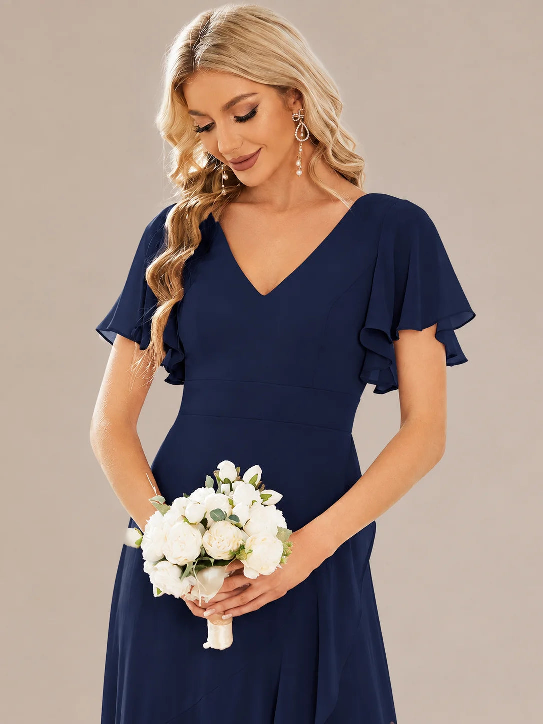 Double V-Neck Flutter Sleeve Flowy Slit Maxi Gown | Oyese
