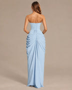 Strapless Ruched Mermaid Gown – High Slit Fitted Formal Evening Dress | Oyese