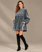 Velvet Lace Yoke Long Puff Sleeve Babydoll Mini Dress | Oyese