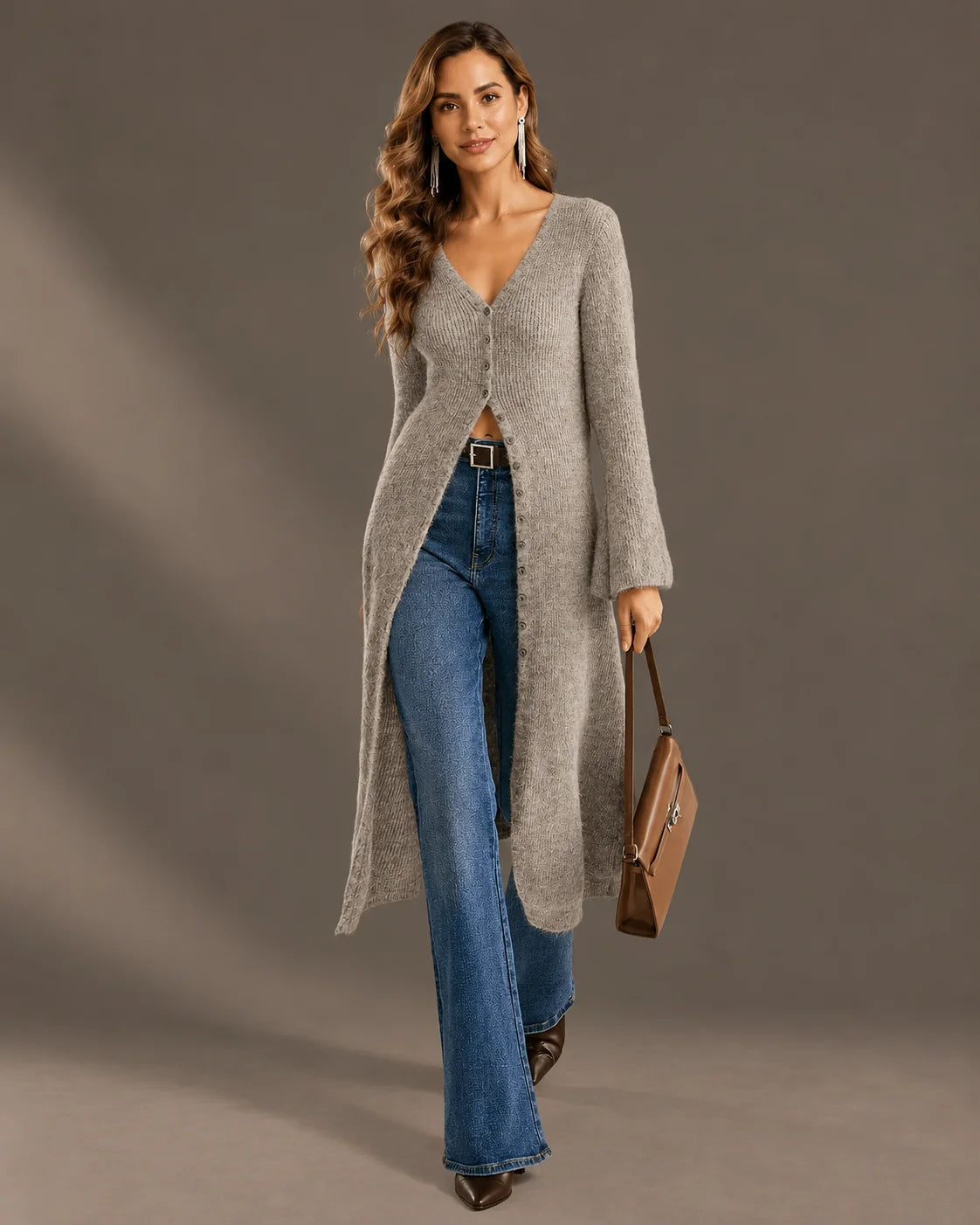 V-Neck Button Front Longline Ribbed Knit Cardigan | Oyese