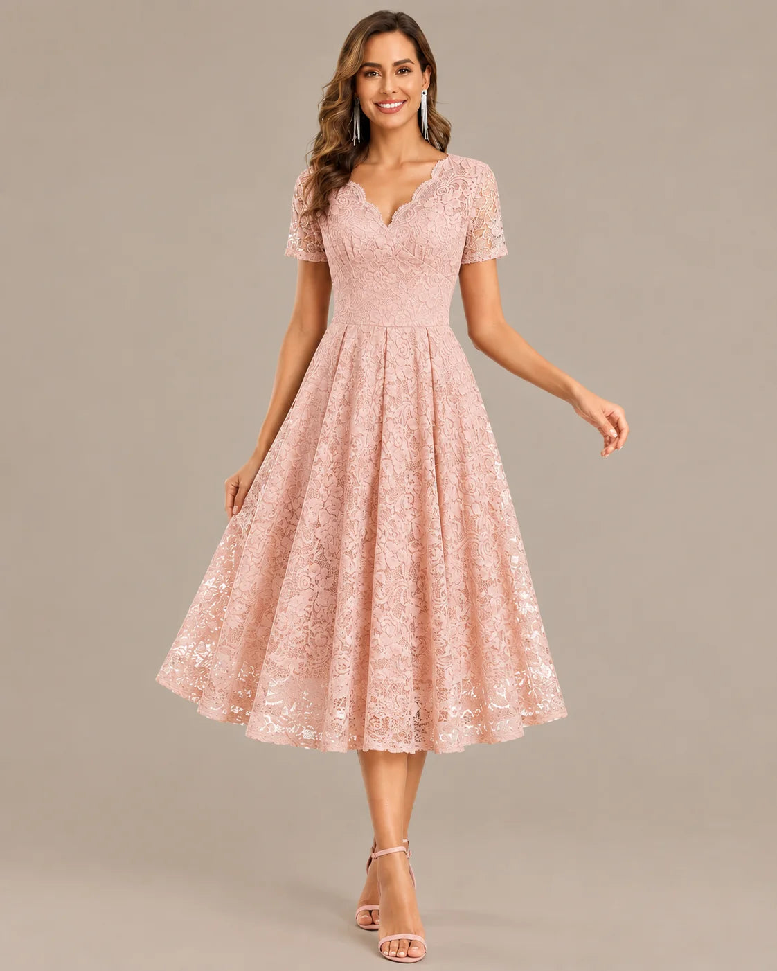 Lace V-Neck Short Sleeve Fit-and-Flare Knee Dress | Oyese