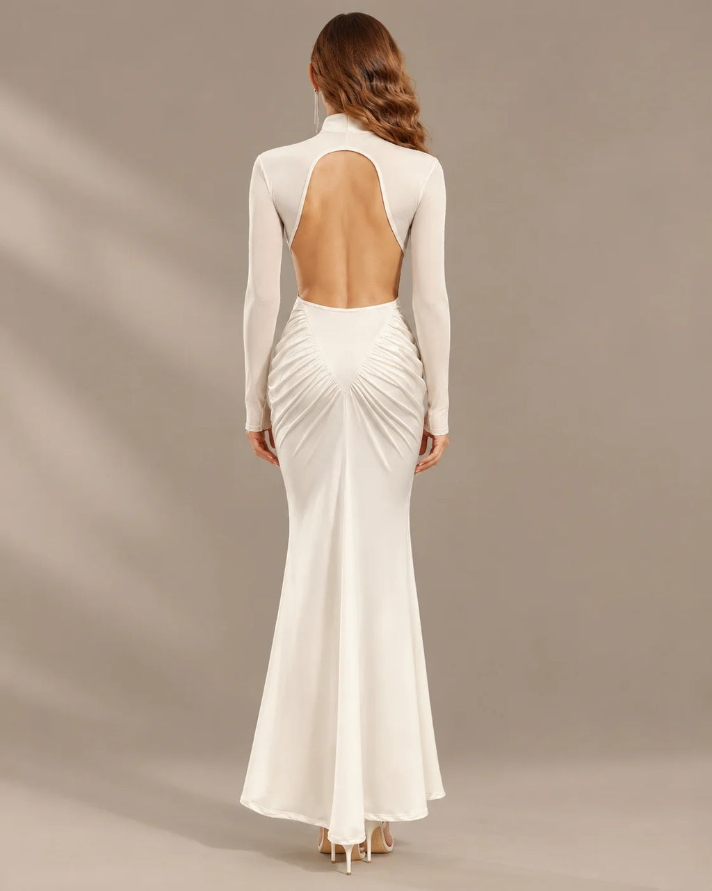 High Neck Long Sleeve Ruched Maxi Dress with Waist Cutouts | Oyese