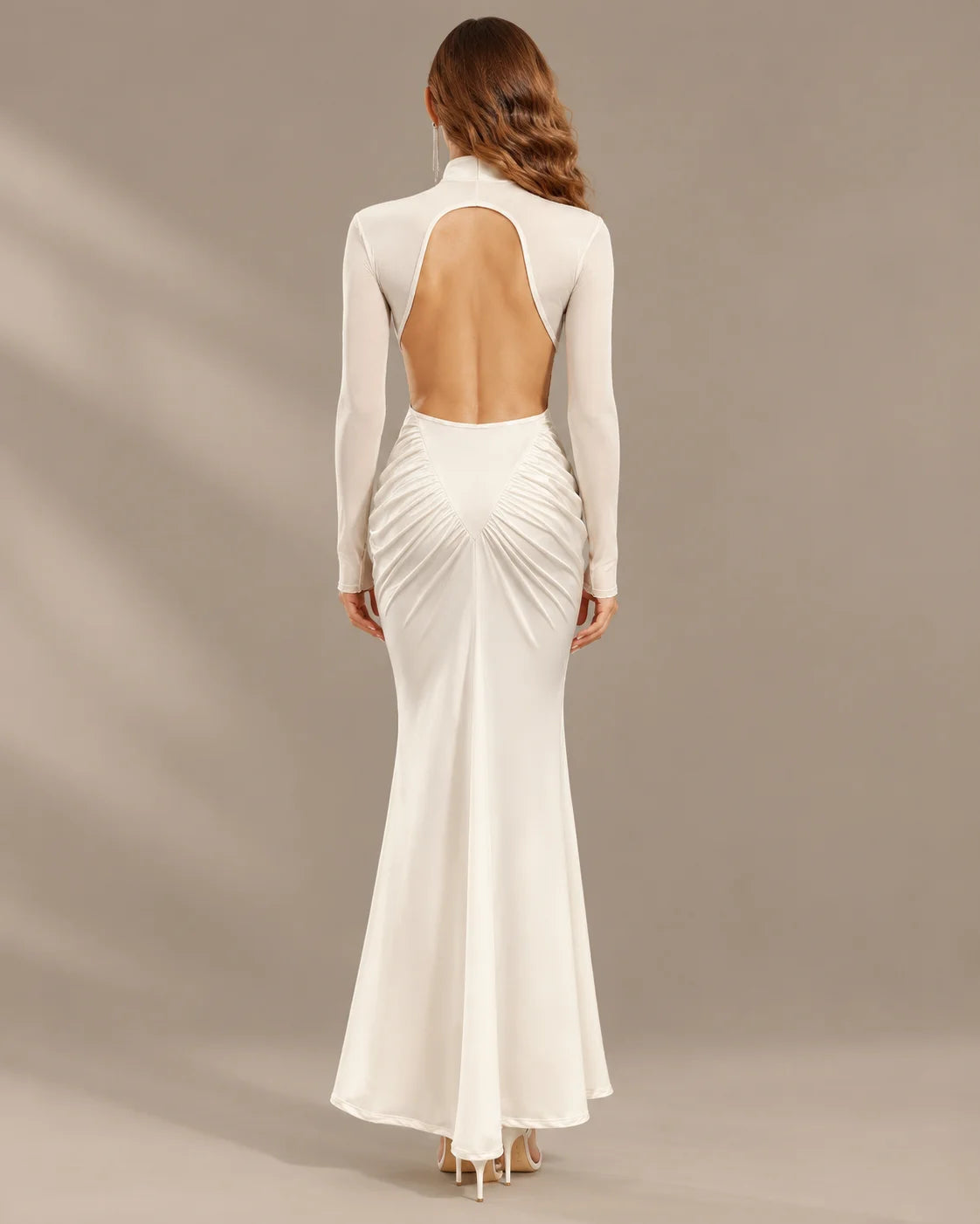 High Neck Long Sleeve Ruched Maxi Dress with Waist Cutouts | Oyese