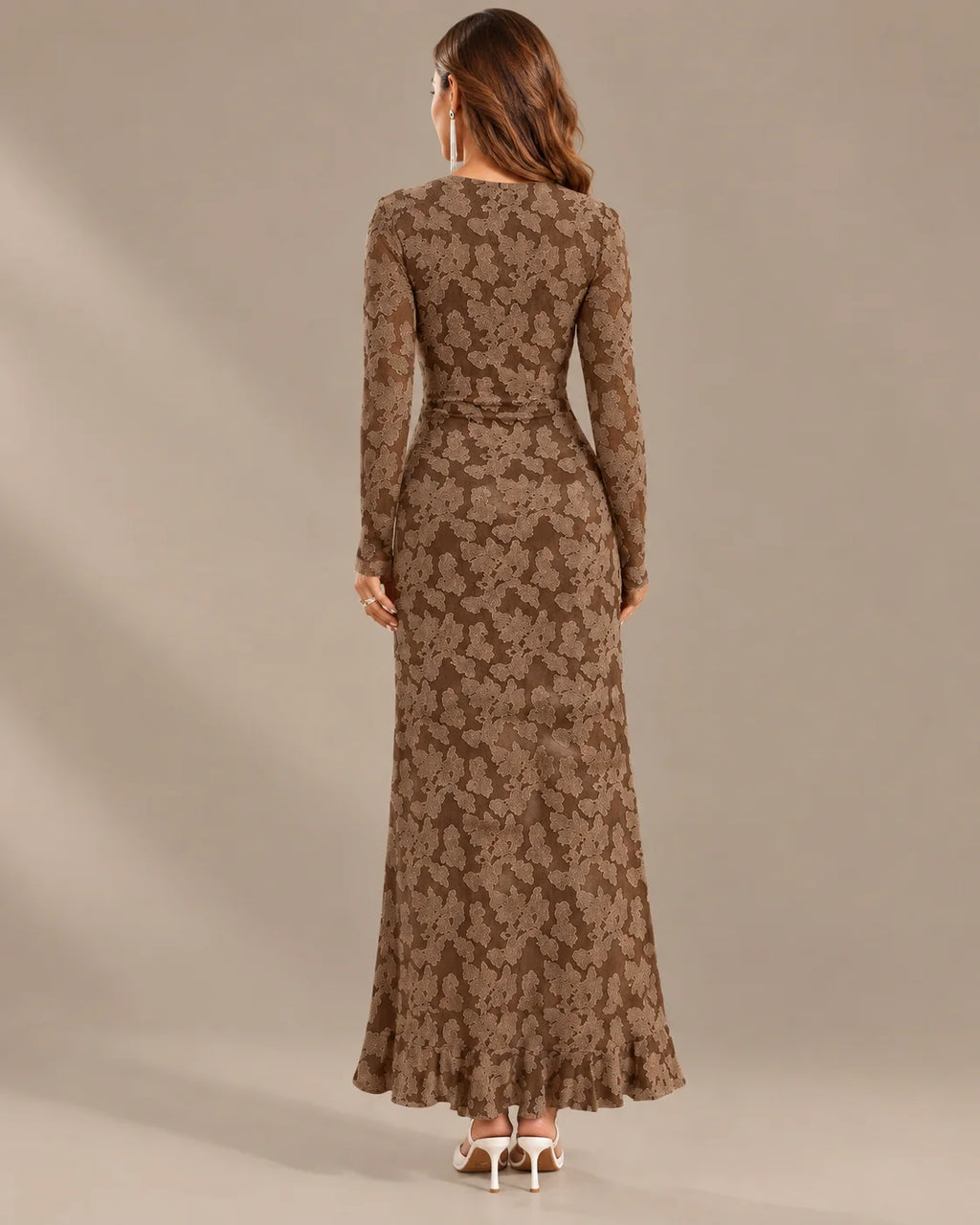 Long Sleeve Floral Lace Asymmetric Ruffle Slit Maxi Dress | Oyese
