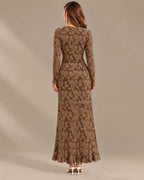 Long Sleeve Floral Lace Asymmetric Ruffle Slit Maxi Dress | Oyese