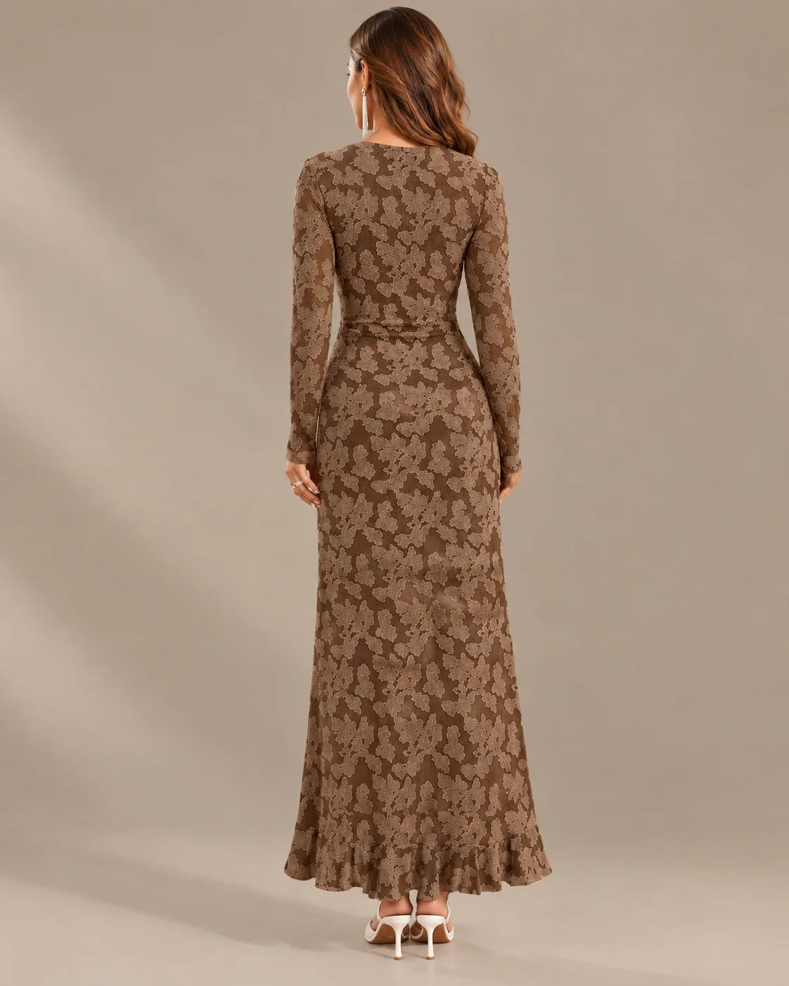 Long Sleeve Floral Lace Asymmetric Ruffle Slit Maxi Dress | Oyese