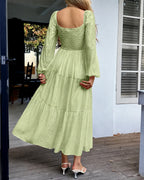 Off-Shoulder Square Neck Tiered Puff Sleeve Maxi Dress | Oyese