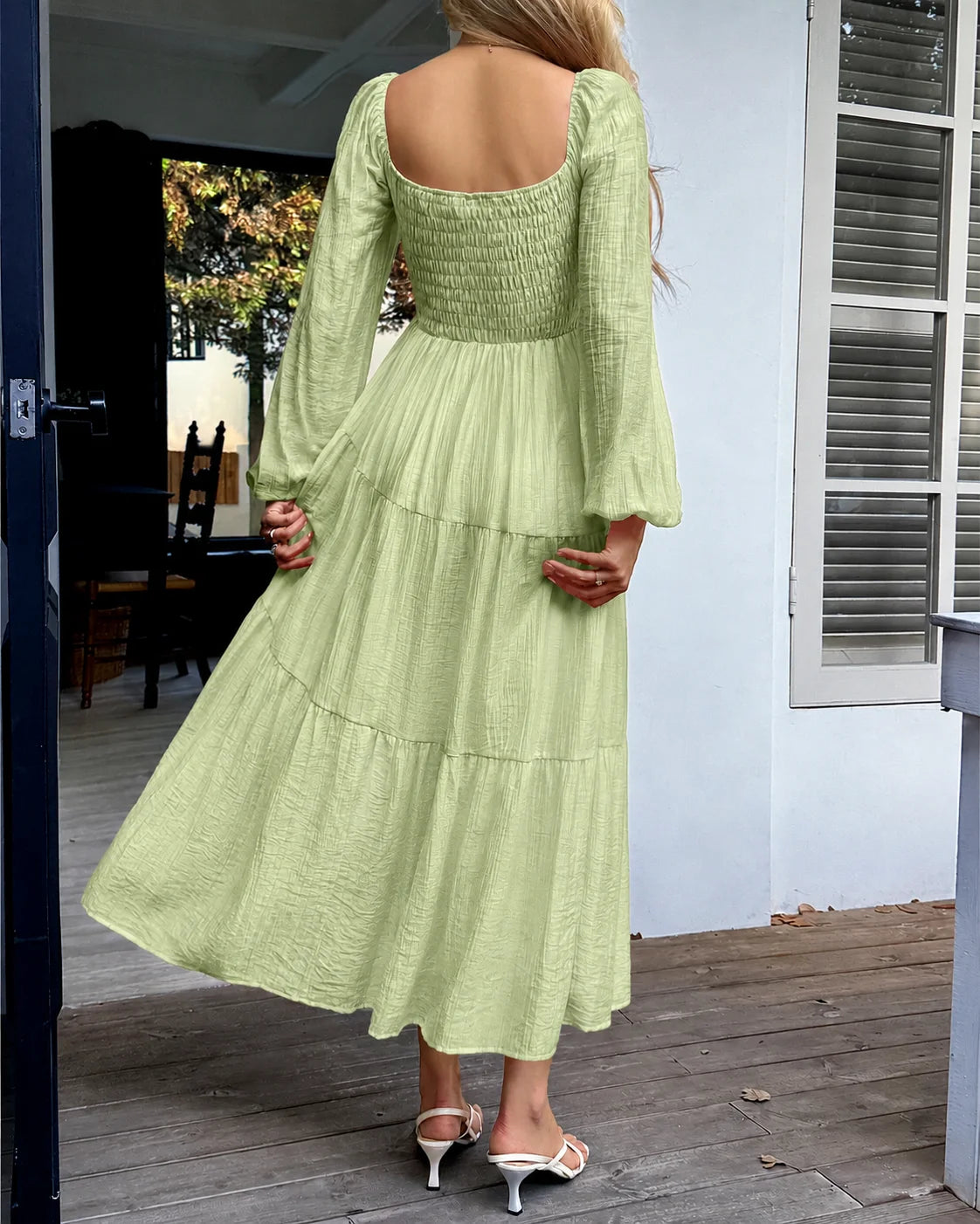 Off-Shoulder Square Neck Tiered Puff Sleeve Maxi Dress | Oyese