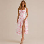 Square Neck Tie Front A-Line Midi Dress – Floral & Solid Summer Dress | Oyese