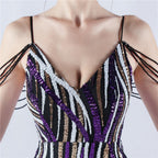 Spaghetti Strap Striped Sequin Mermaid Evening Gown | Oyese