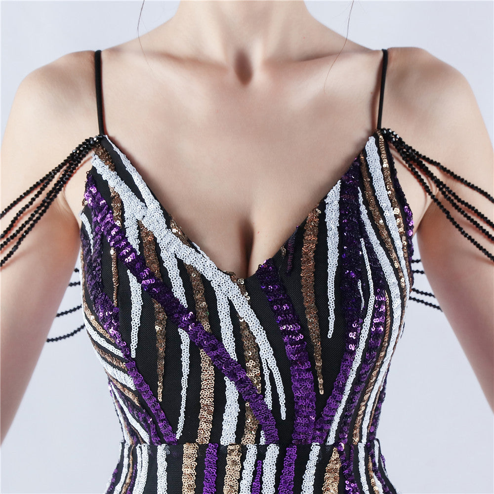 Spaghetti Strap Striped Sequin Mermaid Evening Gown | Oyese