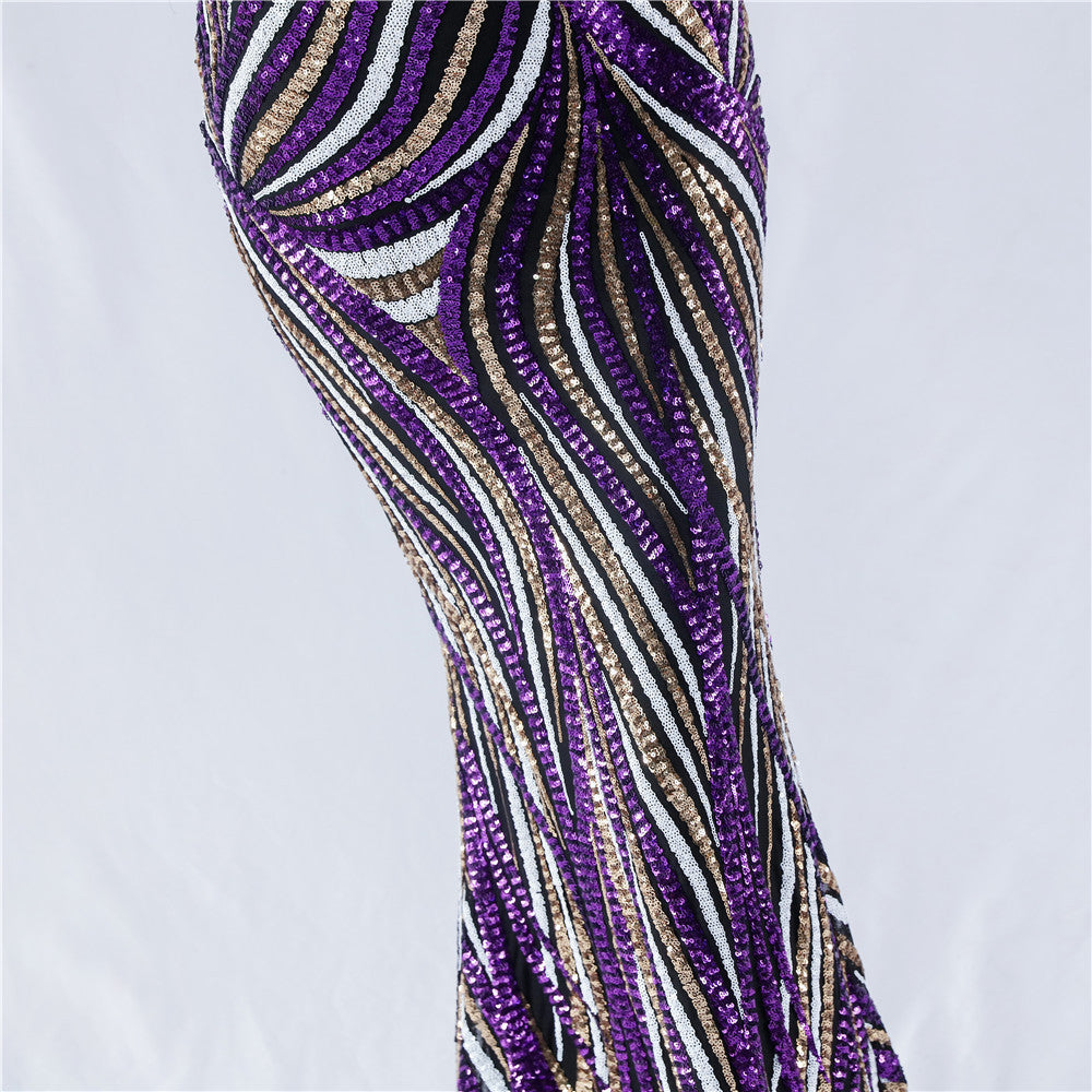 Spaghetti Strap Striped Sequin Mermaid Evening Gown | Oyese