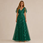 Deep V-Neck Sequin Tulle A-Line Gown – Flutter Sleeve Formal Evening Dress | Oyese