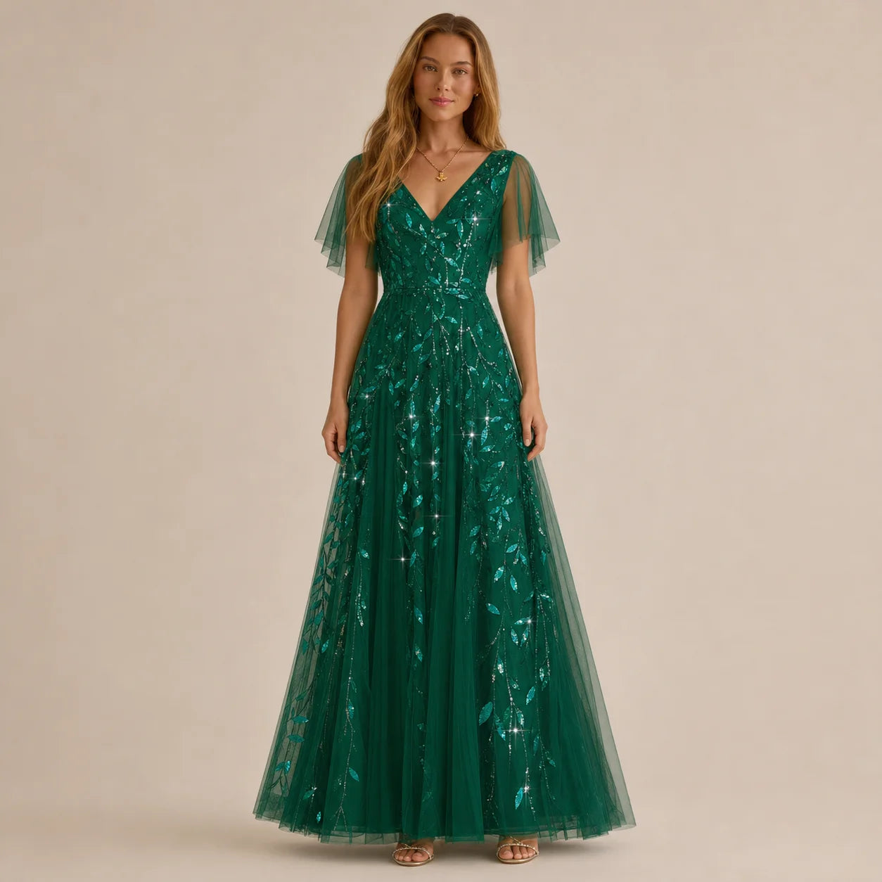 Deep V-Neck Sequin Tulle A-Line Gown – Flutter Sleeve Formal Evening Dress | Oyese