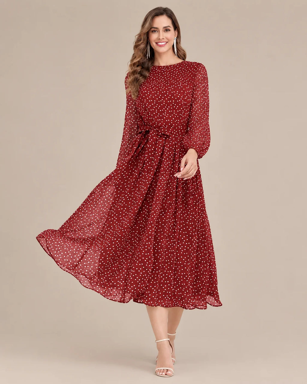 Sheer Long Sleeve Polka Dot Swing Midi Dress | Oyese