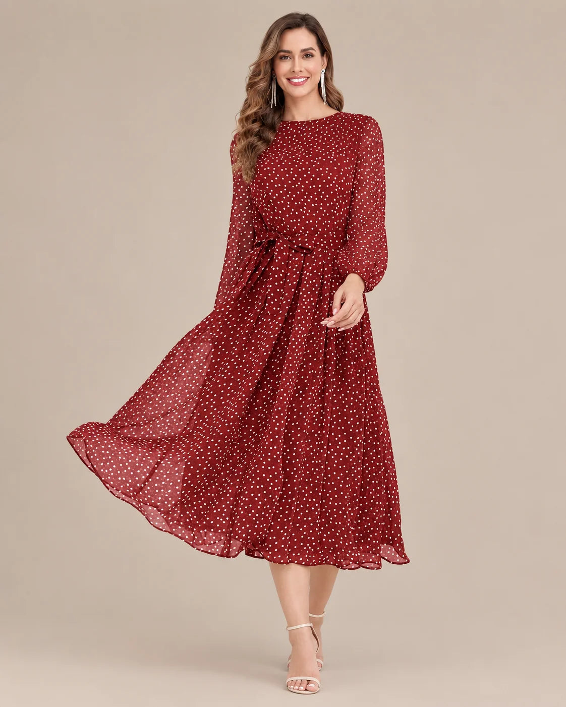Sheer Long Sleeve Polka Dot Swing Midi Dress | Oyese