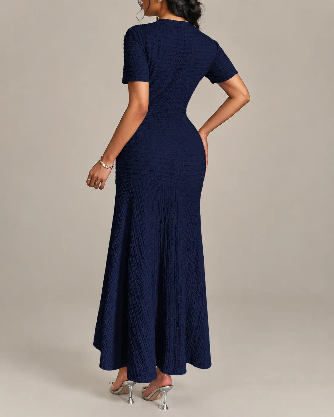 Textured Tweed Button Front Fitted Flare Midi Dress | Oyese