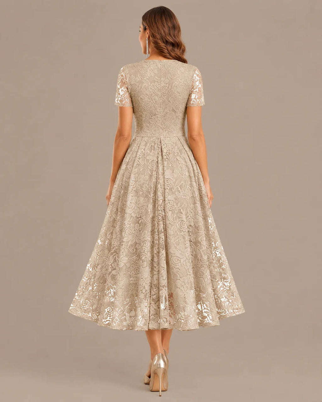 Lace V-Neck Short Sleeve Fit-and-Flare Knee Dress | Oyese
