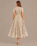 Lace V-Neck Short Sleeve Fit-and-Flare Knee Dress | Oyese