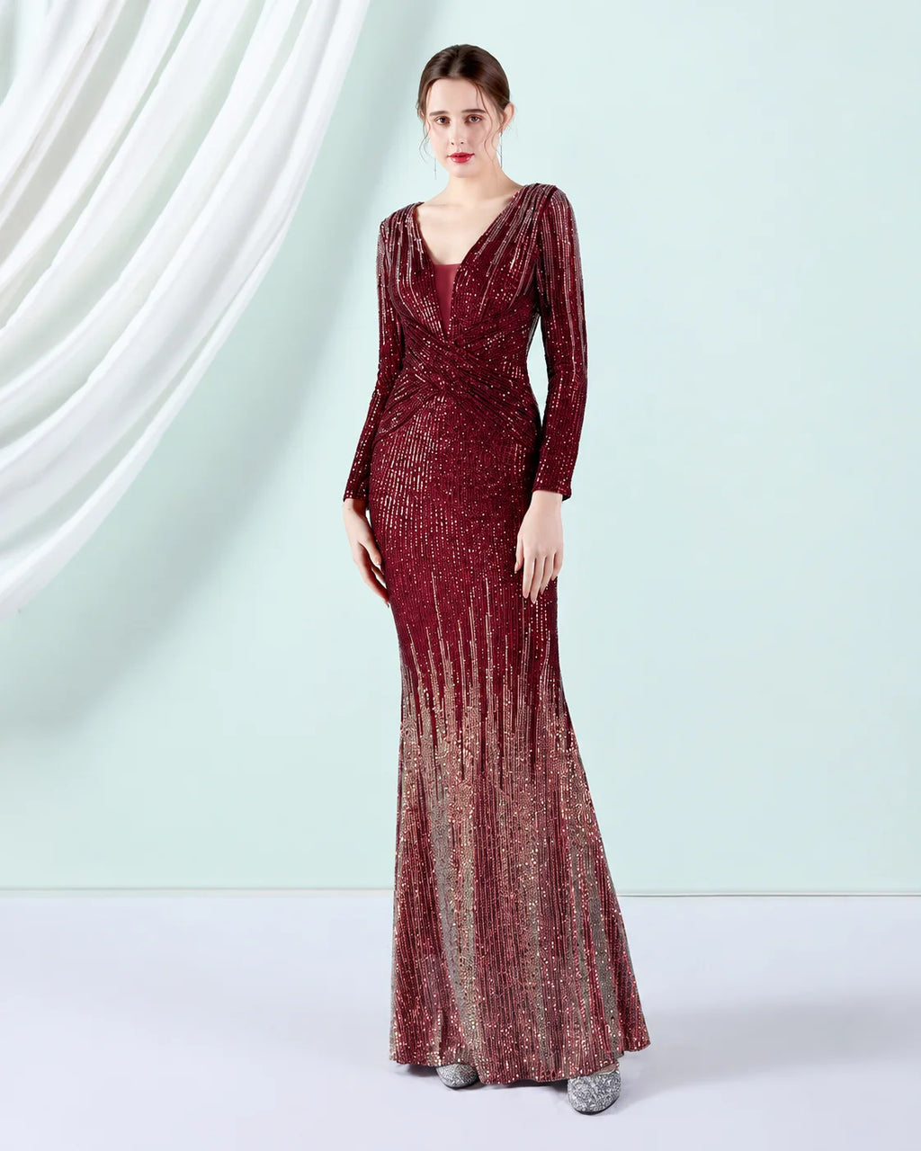 Deep V Long Sleeve Ombre Sequin Mermaid Evening Gown | Oyese